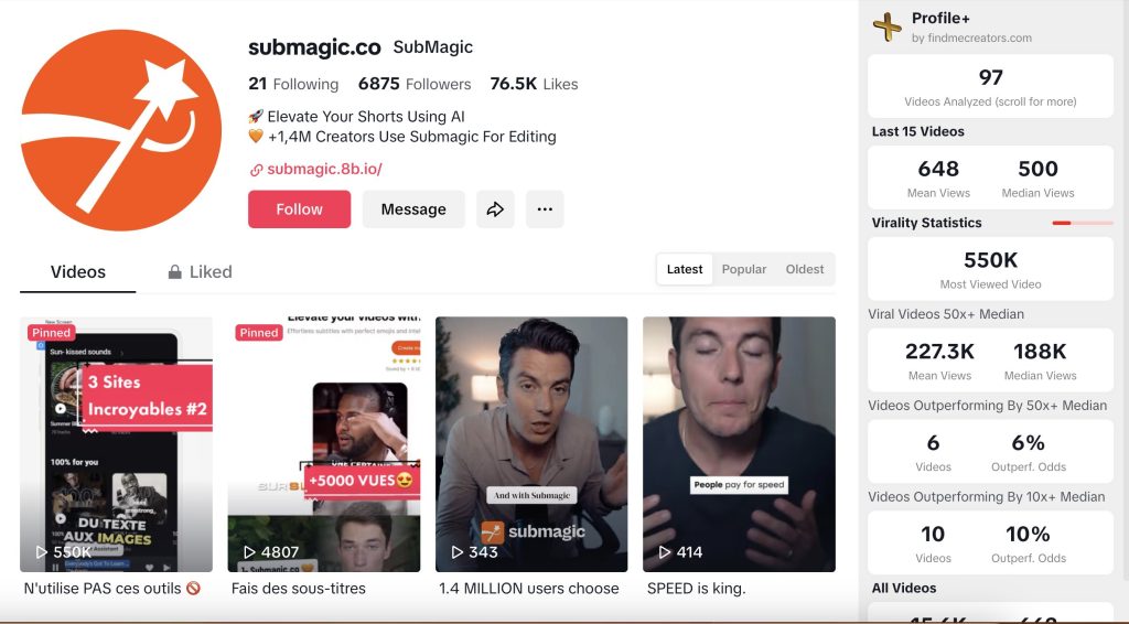 Bild 2: Submagic TikTok Account Statistiken